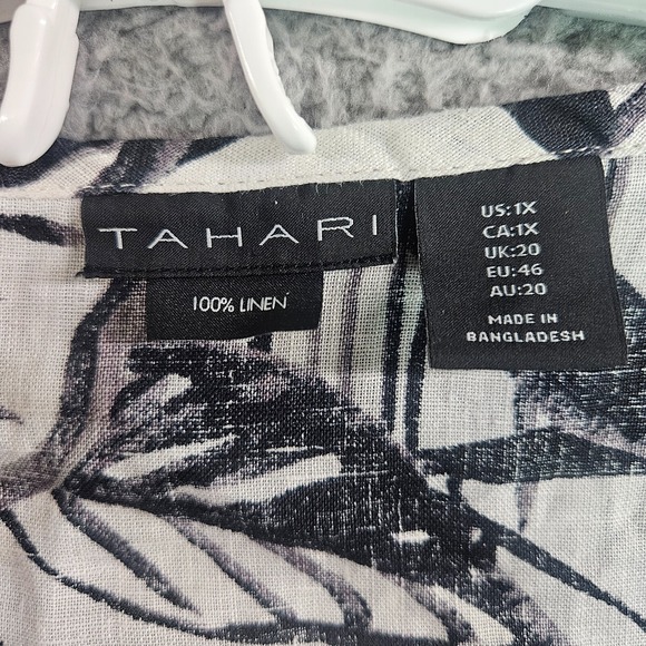 Tahari Top Blouse Women‎ Size 1X 100% Linen Short Sleeve Leaf Print White Black - Picture 4 of 11